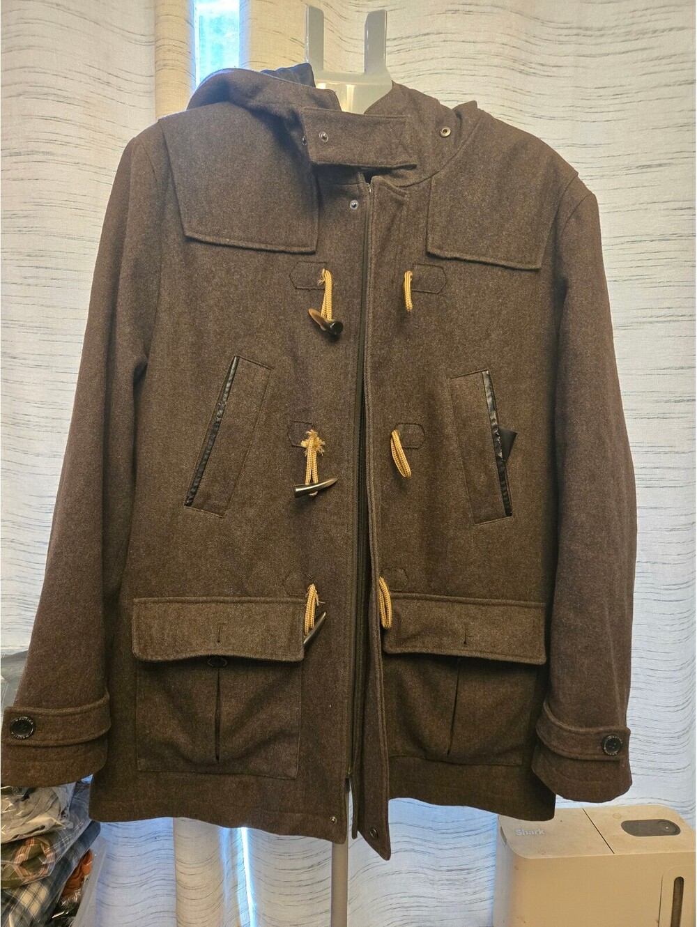 Nautica Men's XL Wool Blend Duffle Coat Brown Hooded Jacket Utility Pockets
